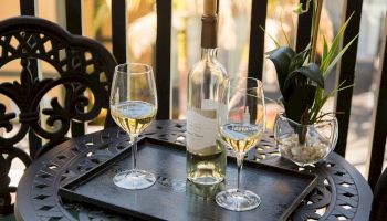 A bottle of white wine and two filled wine glasses on a metallic outdoor table with a potted plant in the background.