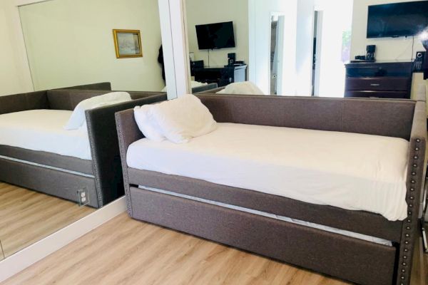 The image shows a modern bedroom with a daybed, a large mirror, TV, dresser, and wood flooring, creating a clean and minimalistic look.